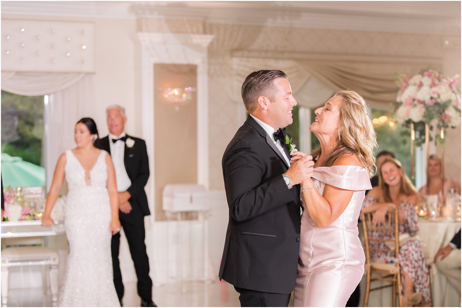 groom and mom dance during NJ wedding reception 
