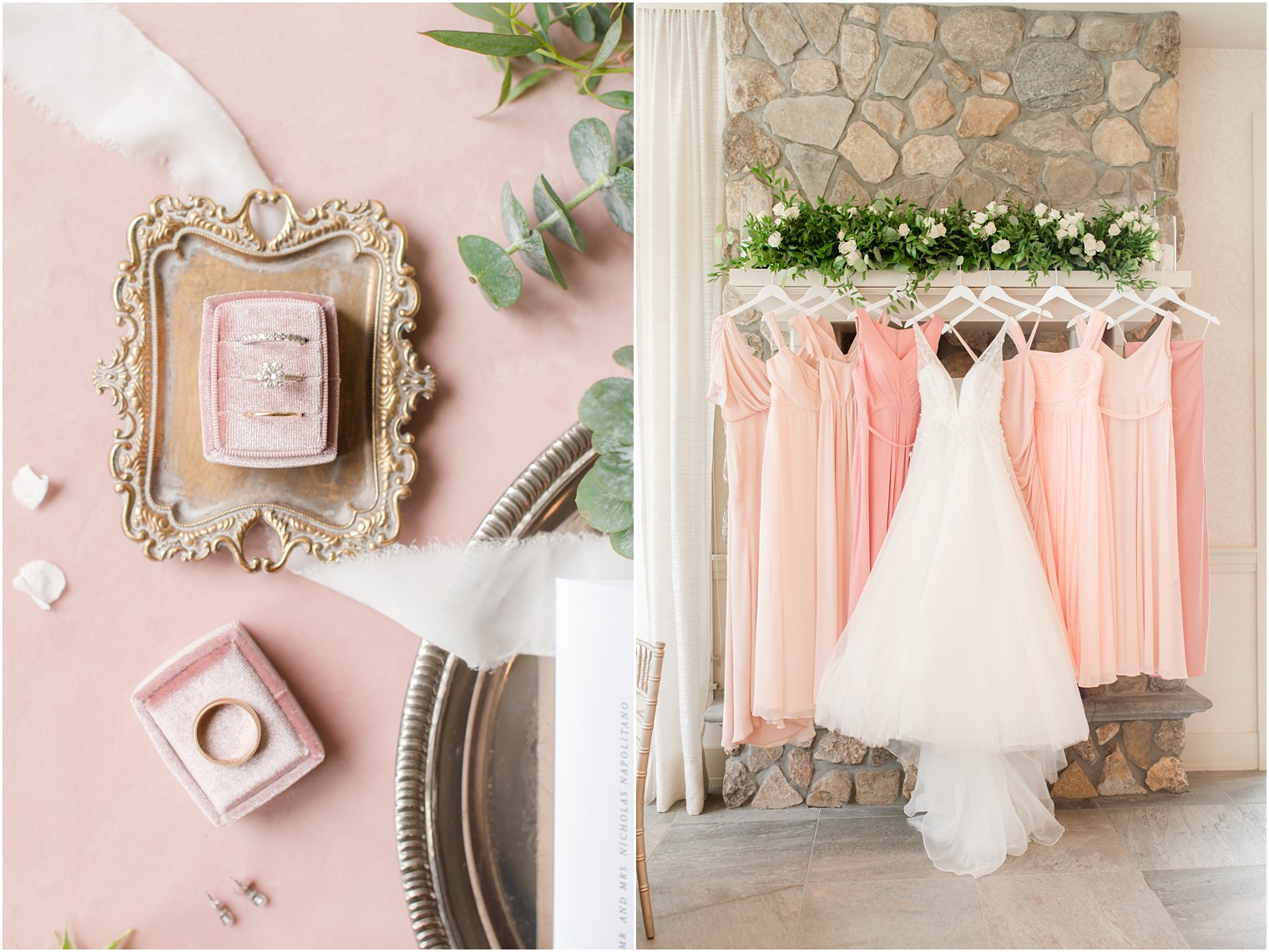 wedding rings rest in pink box and bride's dress hangs with bridesmaids gowns