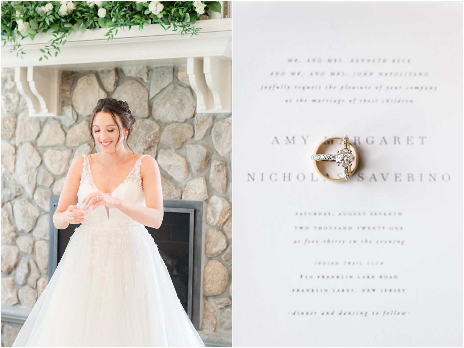 bride puts on jewelry in front of fireplace at Indian Trail Club