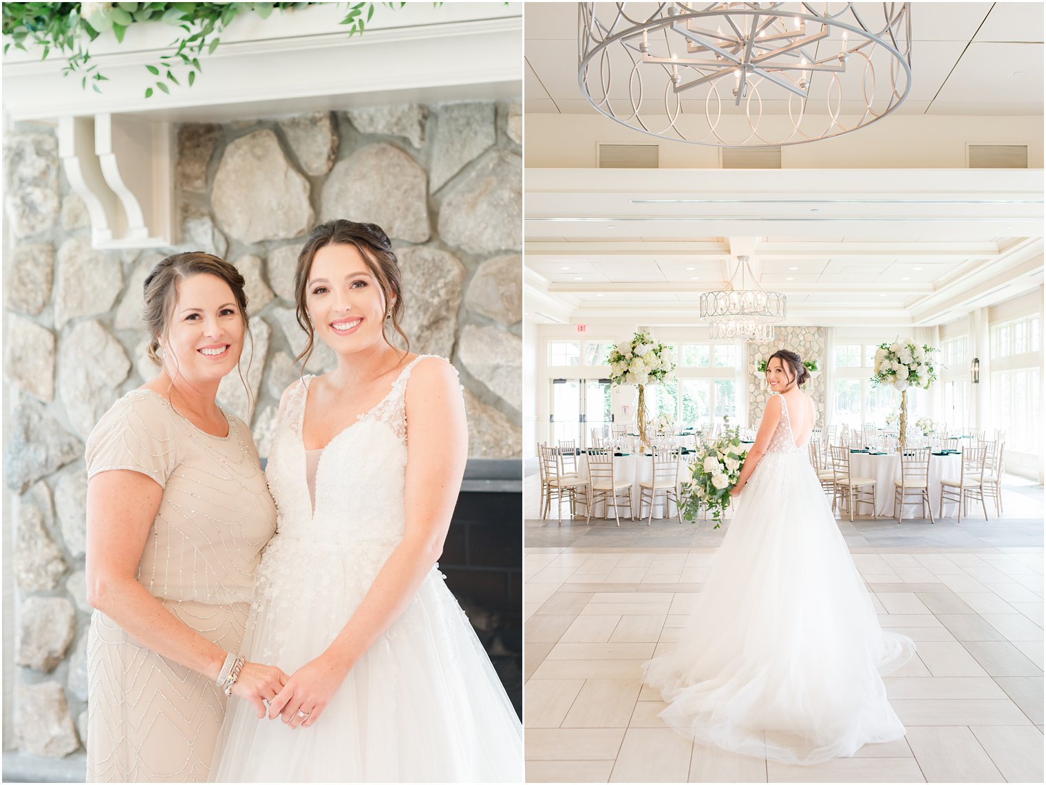bride poses with mom inside ballroom at Indian Trail Club