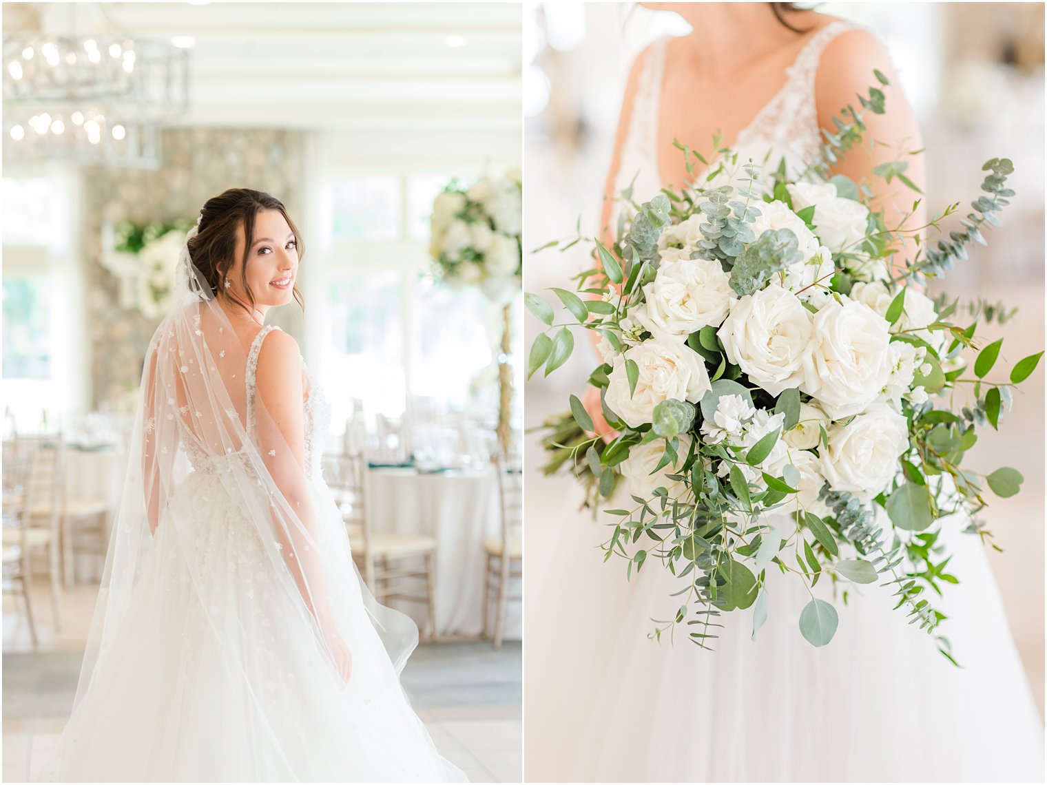 bride poses with veil and white rose bouquet at Indian Trail Club