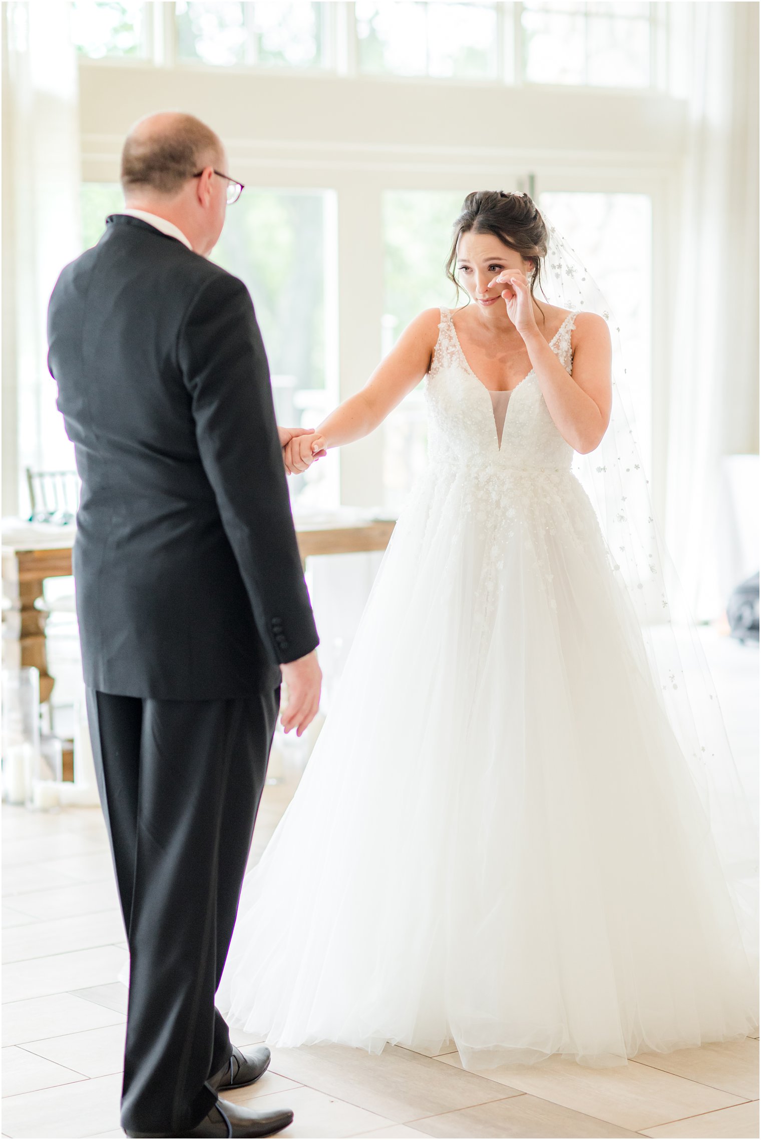 bride cries during first look with dad in New Jersey