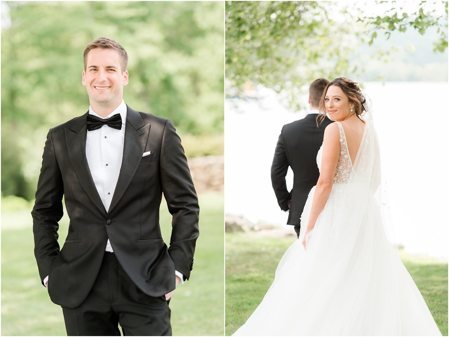 bride and groom have first look along water in Franklin Lakes NJ