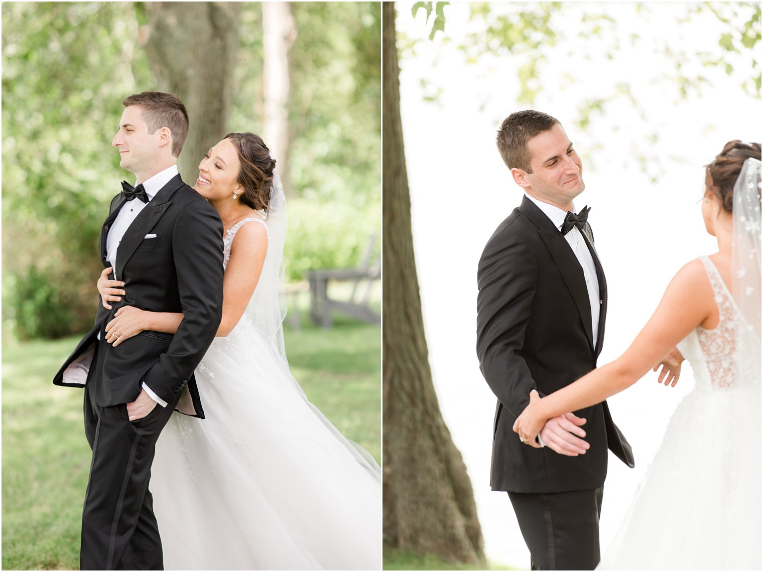 bride and groom hug during first look in New Jersey