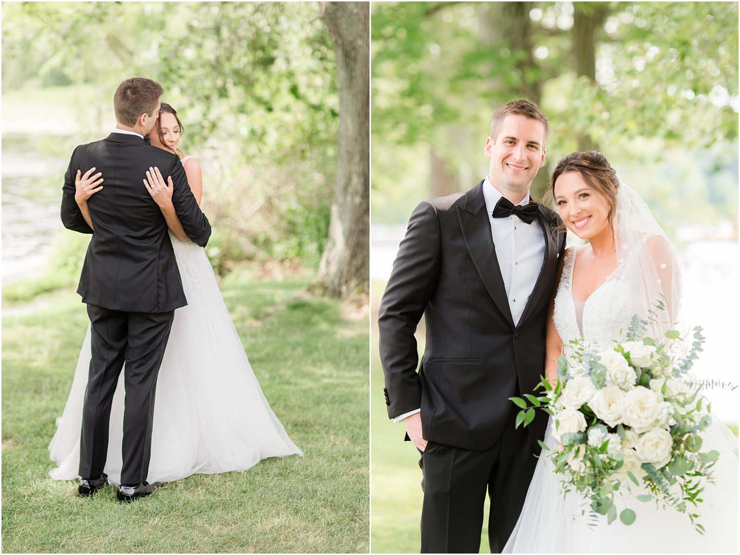 newlyweds hug during first look in New Jersey