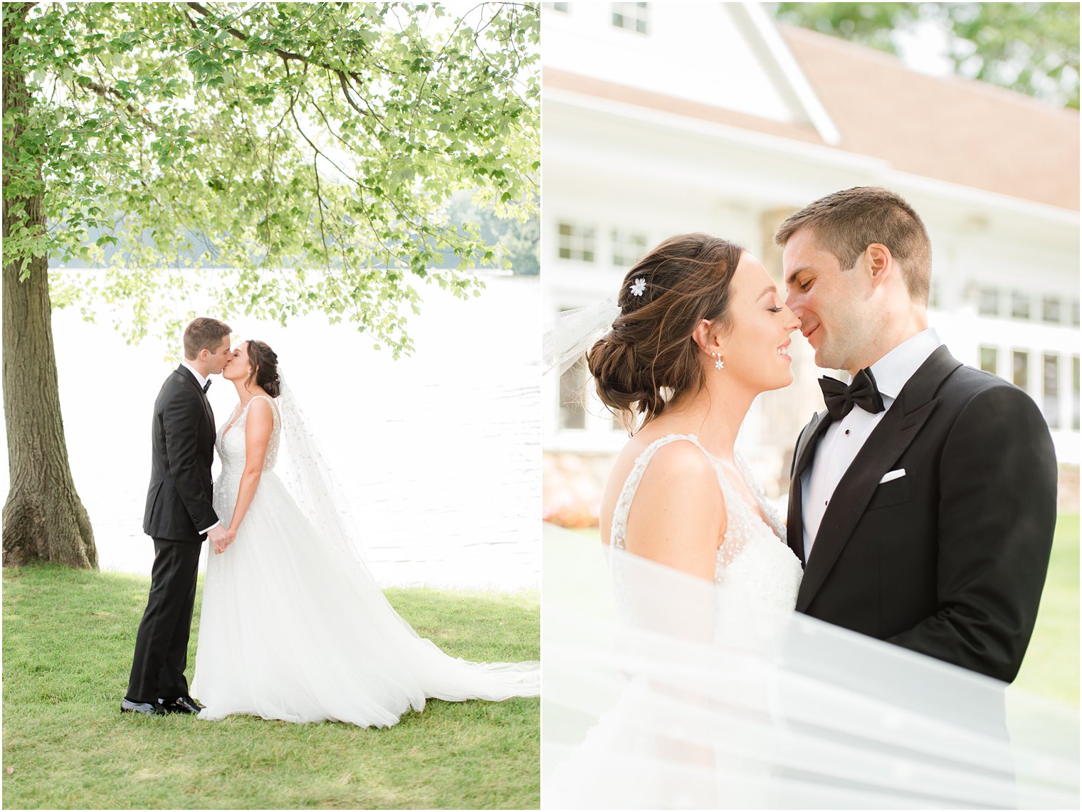 bride and groom kiss outside Indian Trail Club