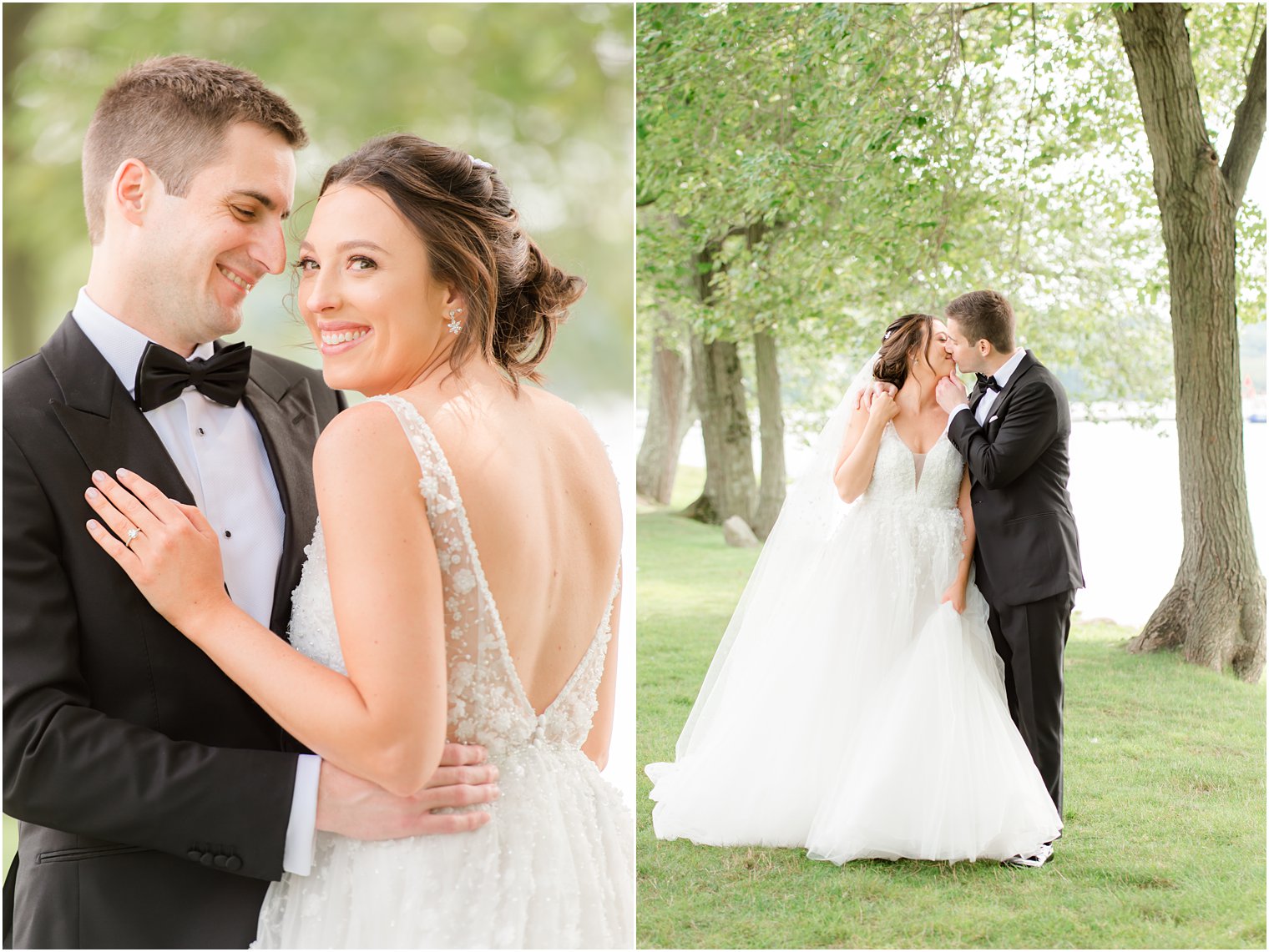 newlyweds laugh together during wedding photos at Indian Trail Club