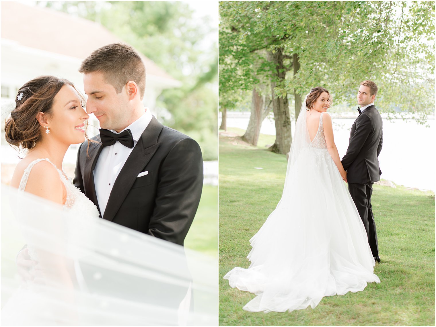 bride and groom hug at Indian Trail Club along waterfront