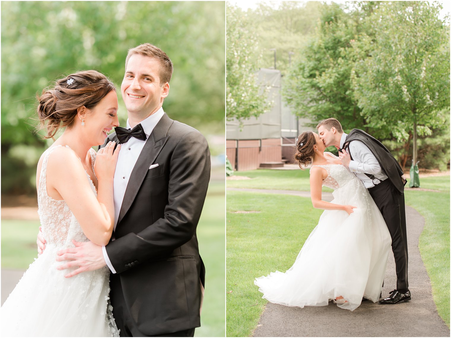 groom kisses bride on pathway at Indian Trail Club