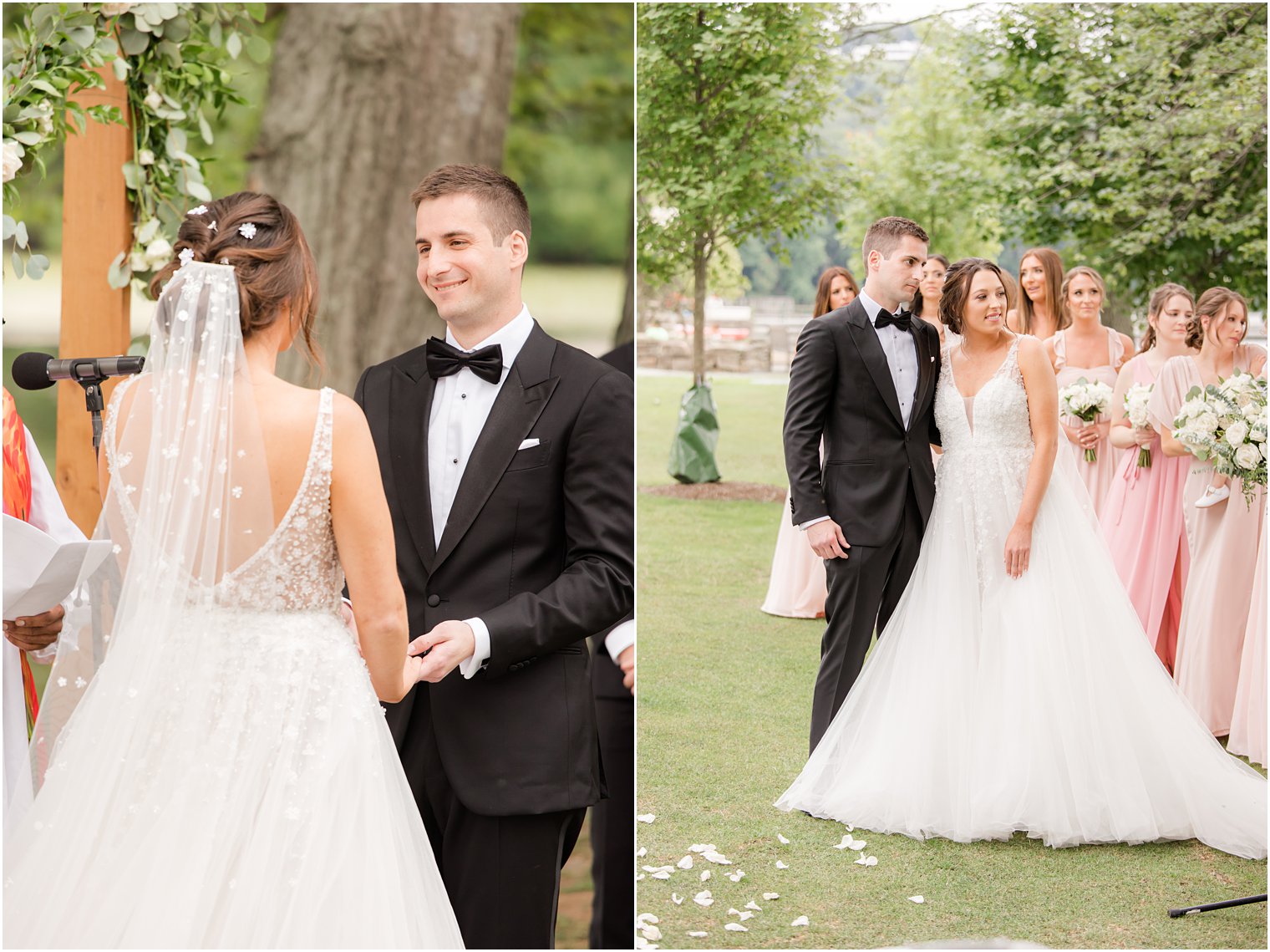 bride and groom pose during waterfront wedding ceremony in Franklin Lakes NJ