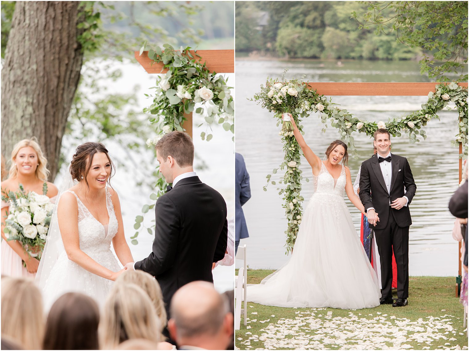 bride cheers after waterfront wedding ceremony in Franklin Lakes NJ