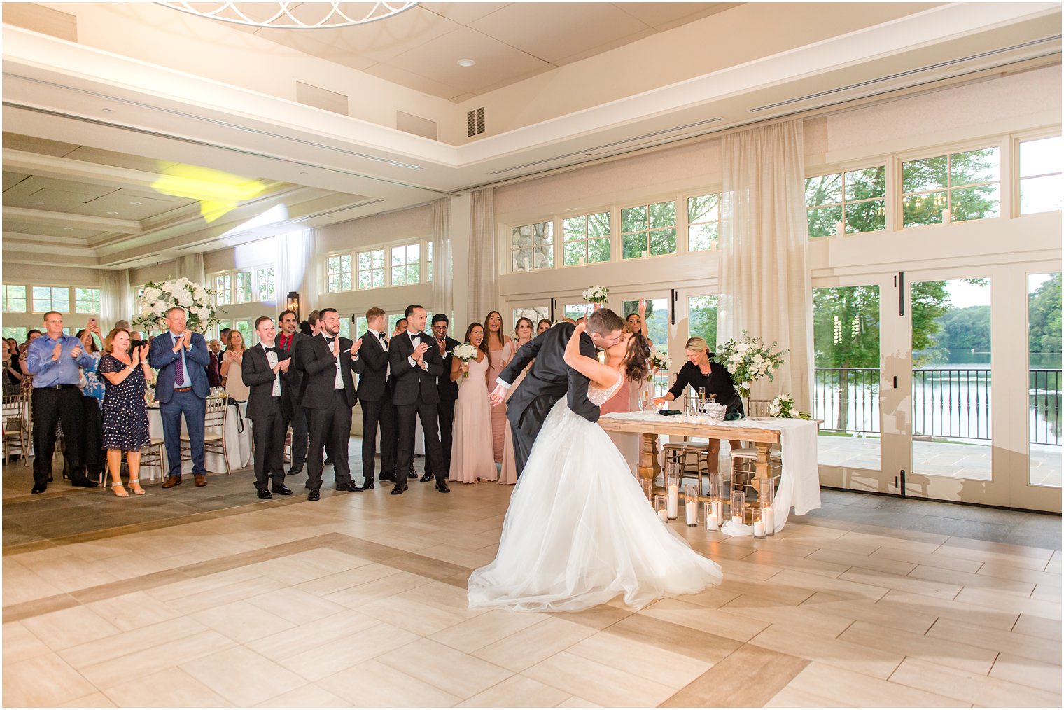 newlyweds kiss on dance floor at Franklin Lakes NJ wedding reception