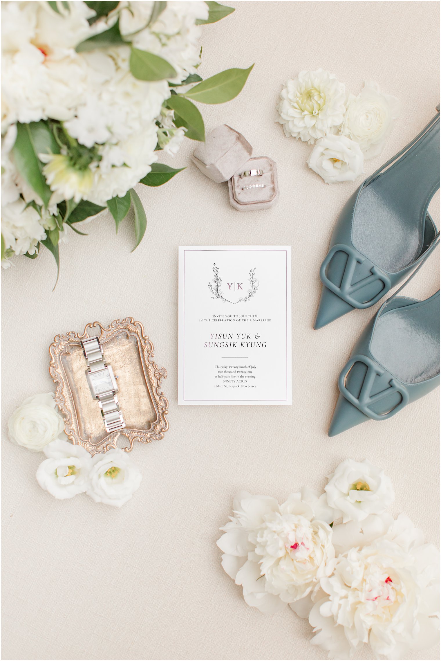 bride's details including blue shoes for summer microwedding at Ninety Acres