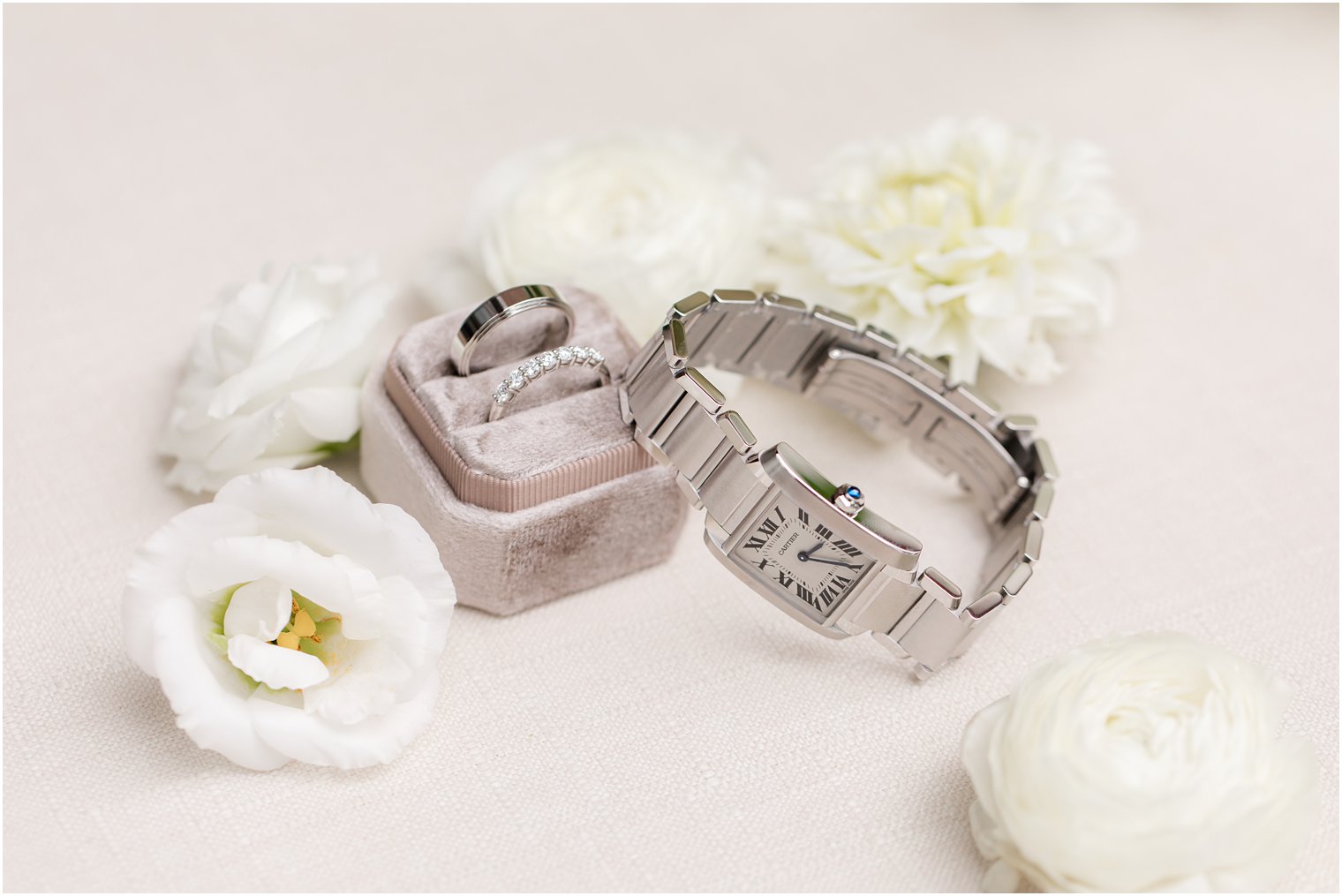 wedding bands and watch with peonies for NJ wedding