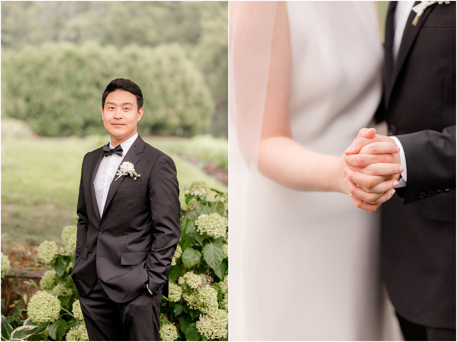 groom in classic tux poses by hydrangea bush in New Jersey 