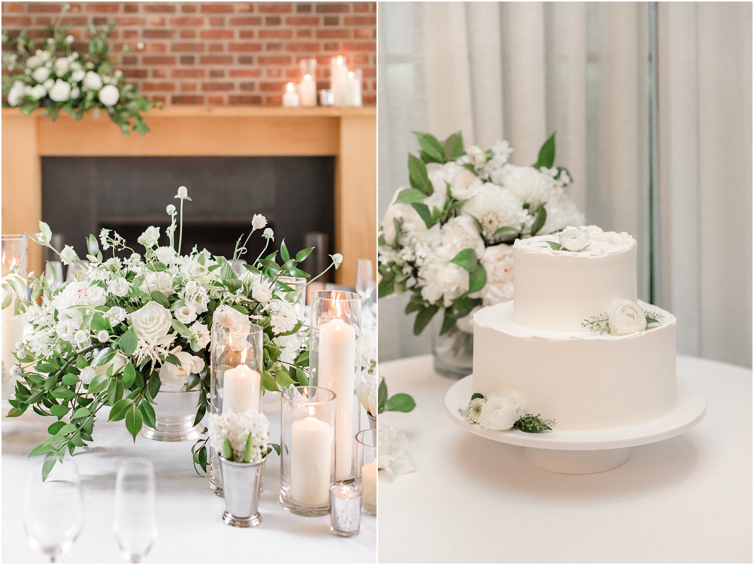 elegant ivory and green floral centerpieces with candles for NJ microwedding