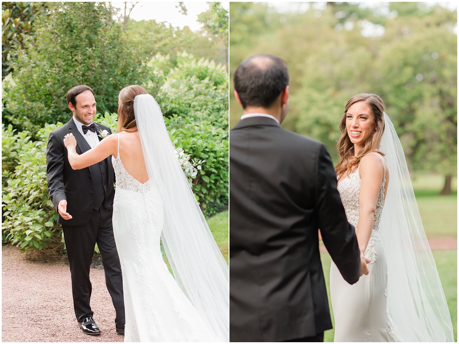 groom twirls bride during first look to see wedding dress