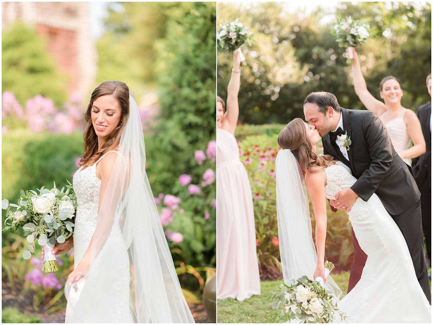 groom dips bride during wedding photos in gardens at the Inn at Fernbrook Farms