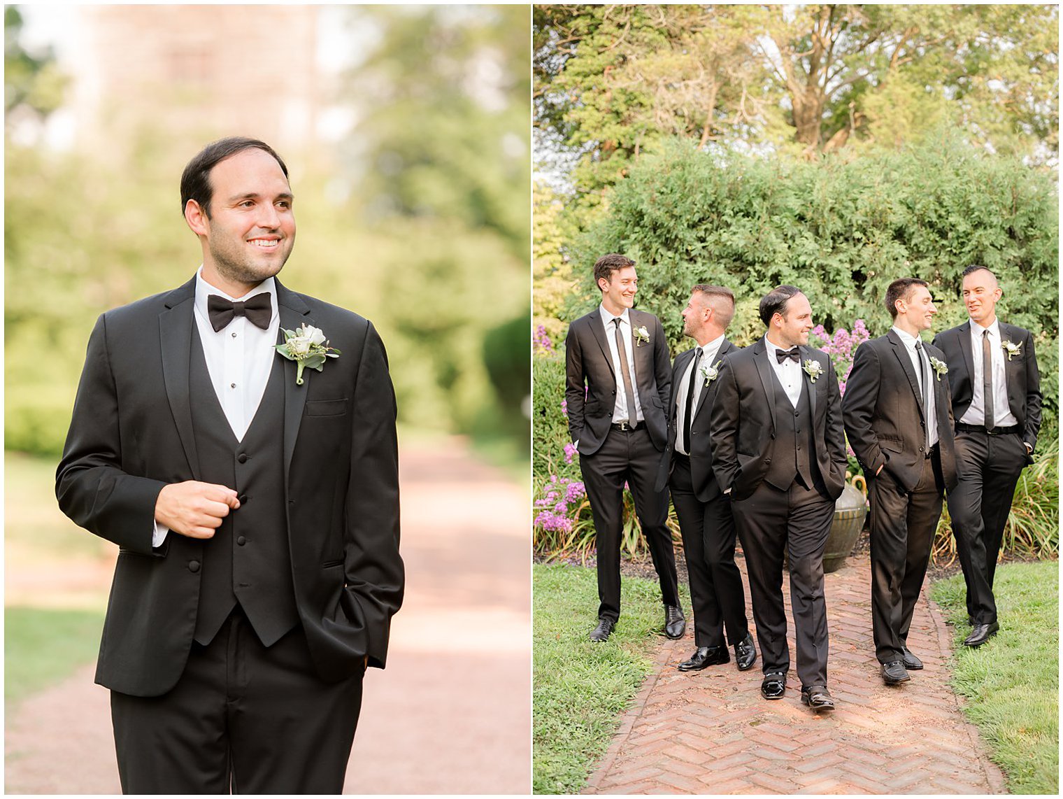groom and groomsmen walk on pathway for NJ wedding
