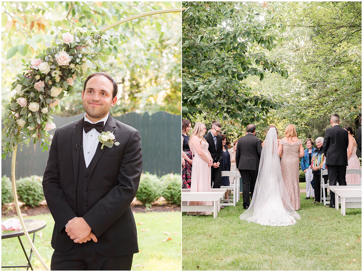 groom watches bride walk down aisle during NJ wedding ceremony