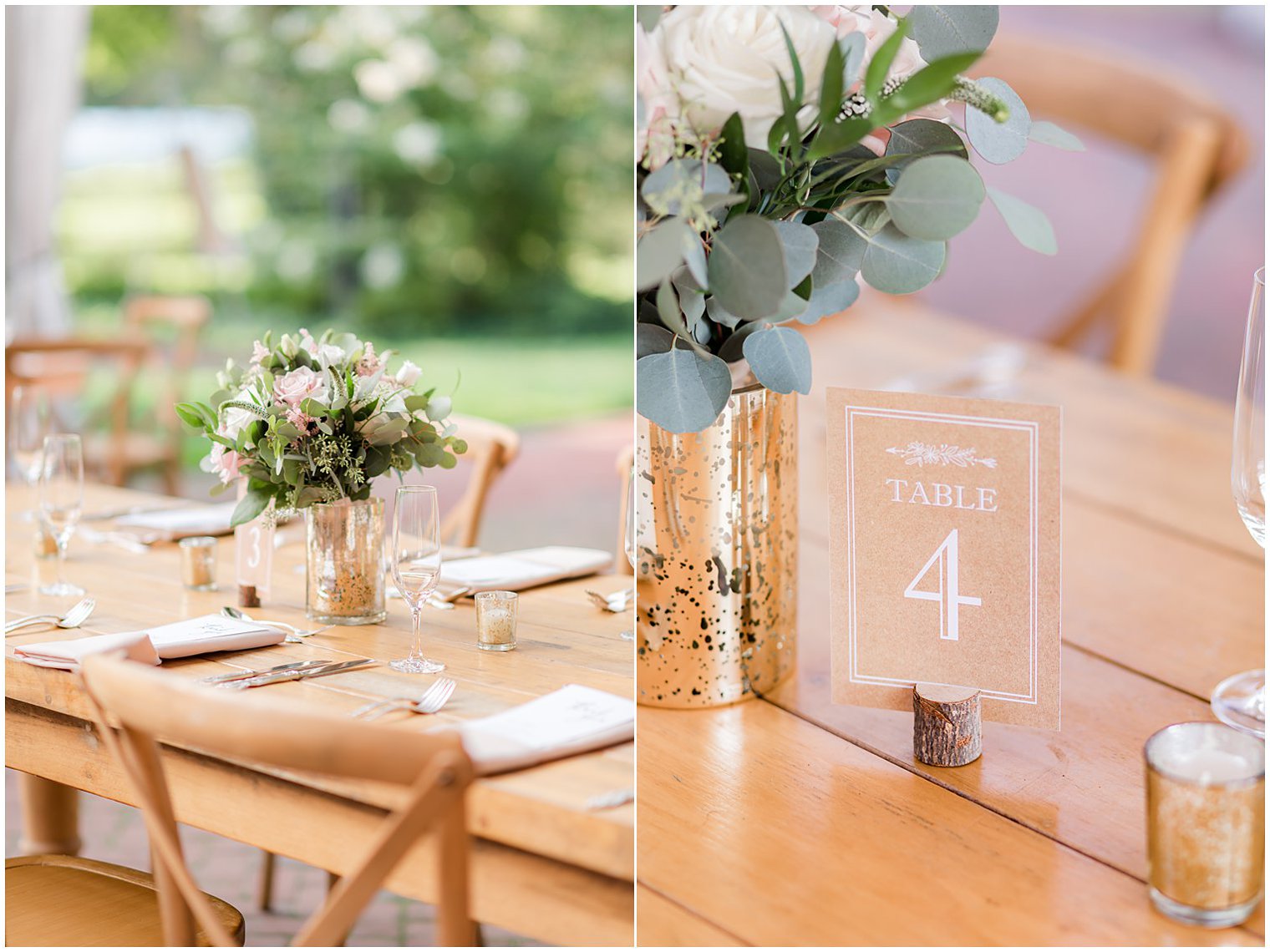 rustic wedding reception with gold and ivory details