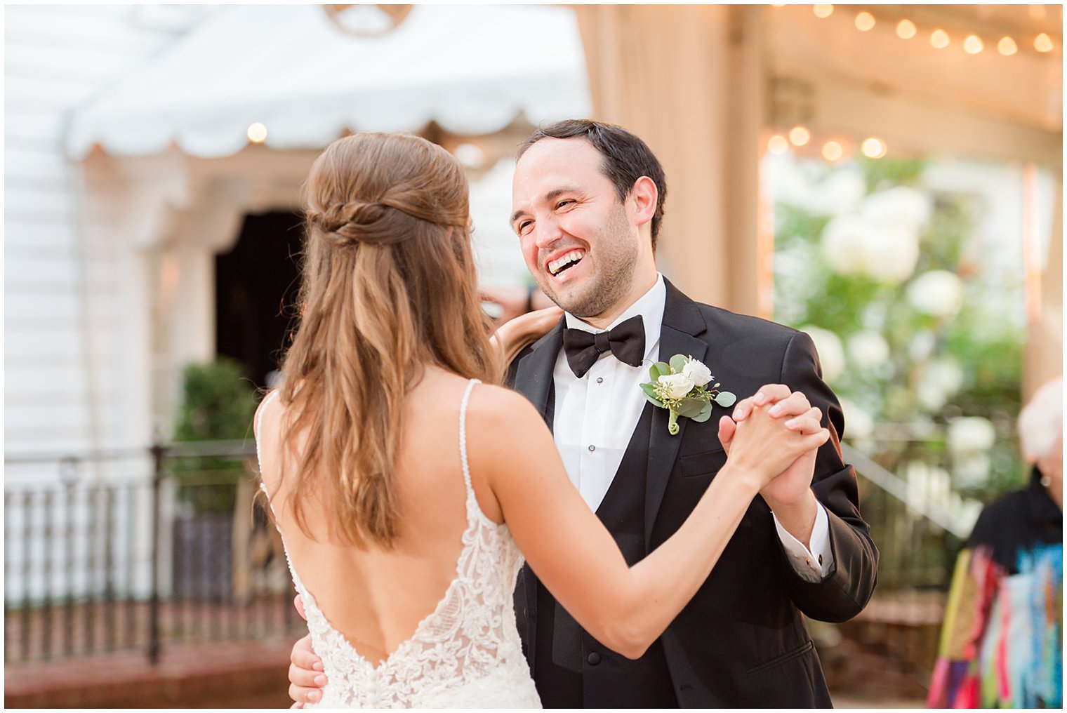groom laughs and dances with bride during Chesterfield NJ wedding reception
