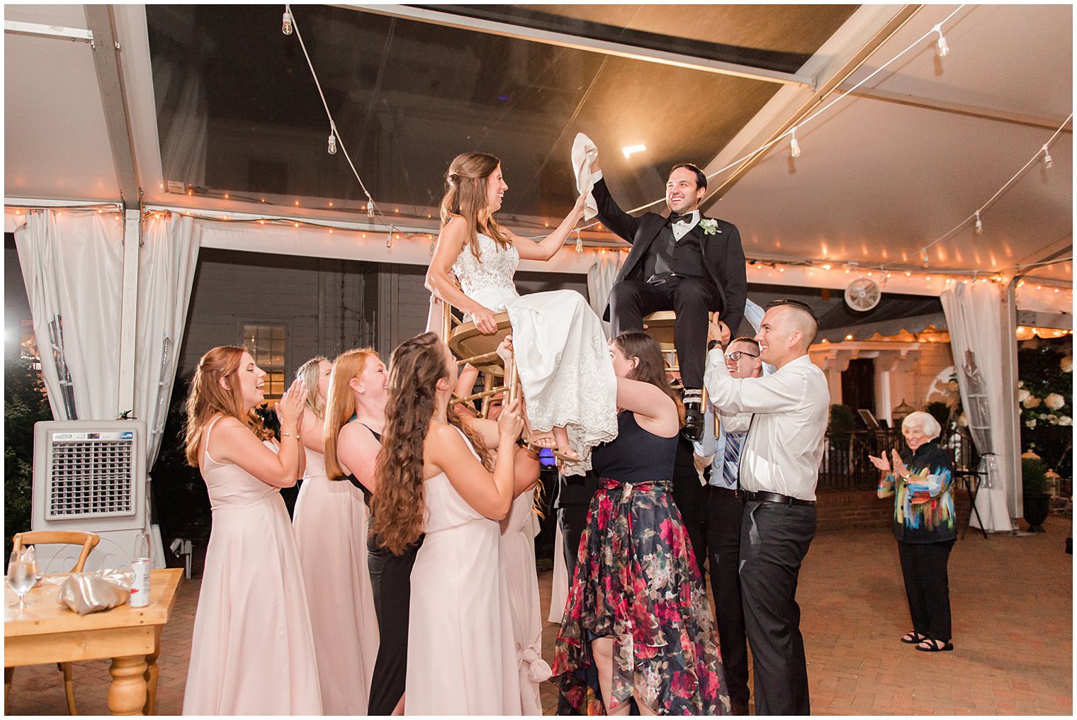 wedding party lifts newlyweds for Hora during Chesterfield NJ wedding reception