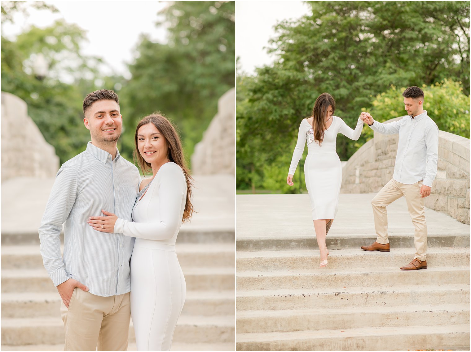 bride and groom walk down stone steps during Verona Park engagement session