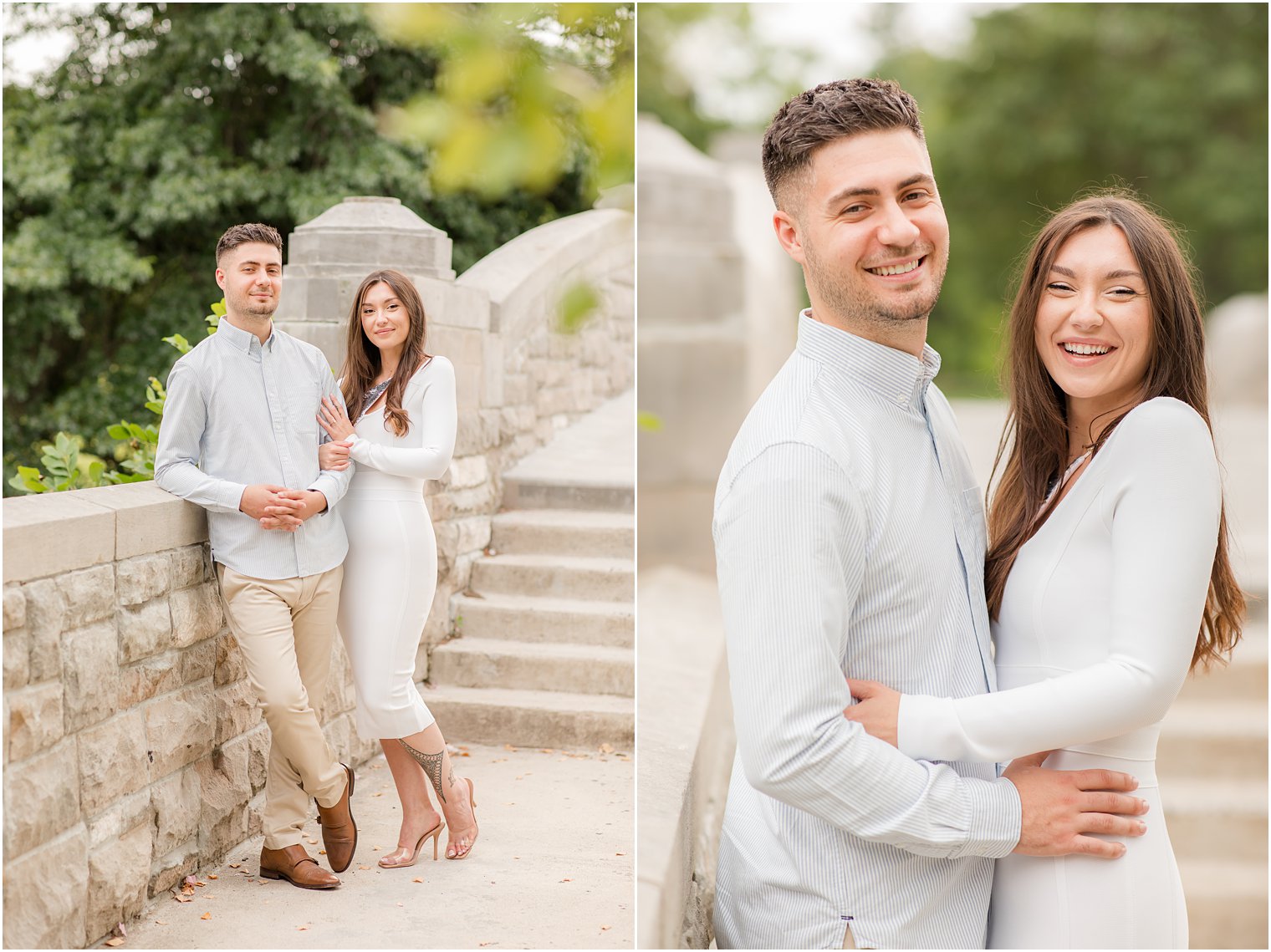 bride and groom hug on bridge during Verona Park engagement session