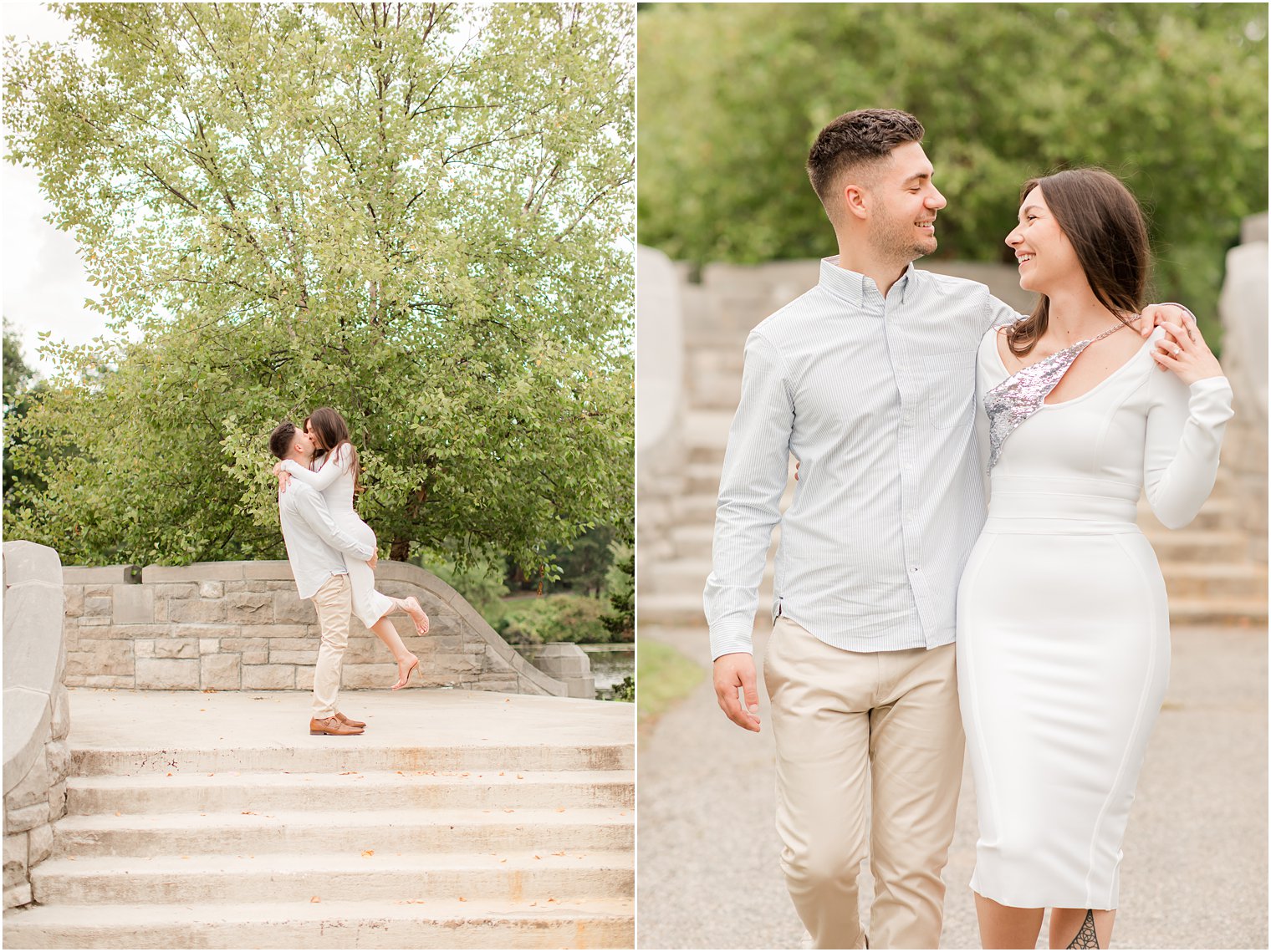 groom lifts bride on stone staircase in Verona Park