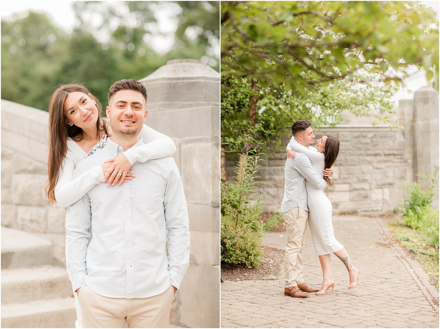 engaged couple hugs on staircase during NJ engagement photos