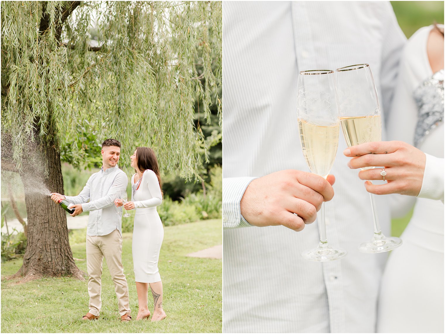 couple pops champagne by willow tree during Verona Park engagement session