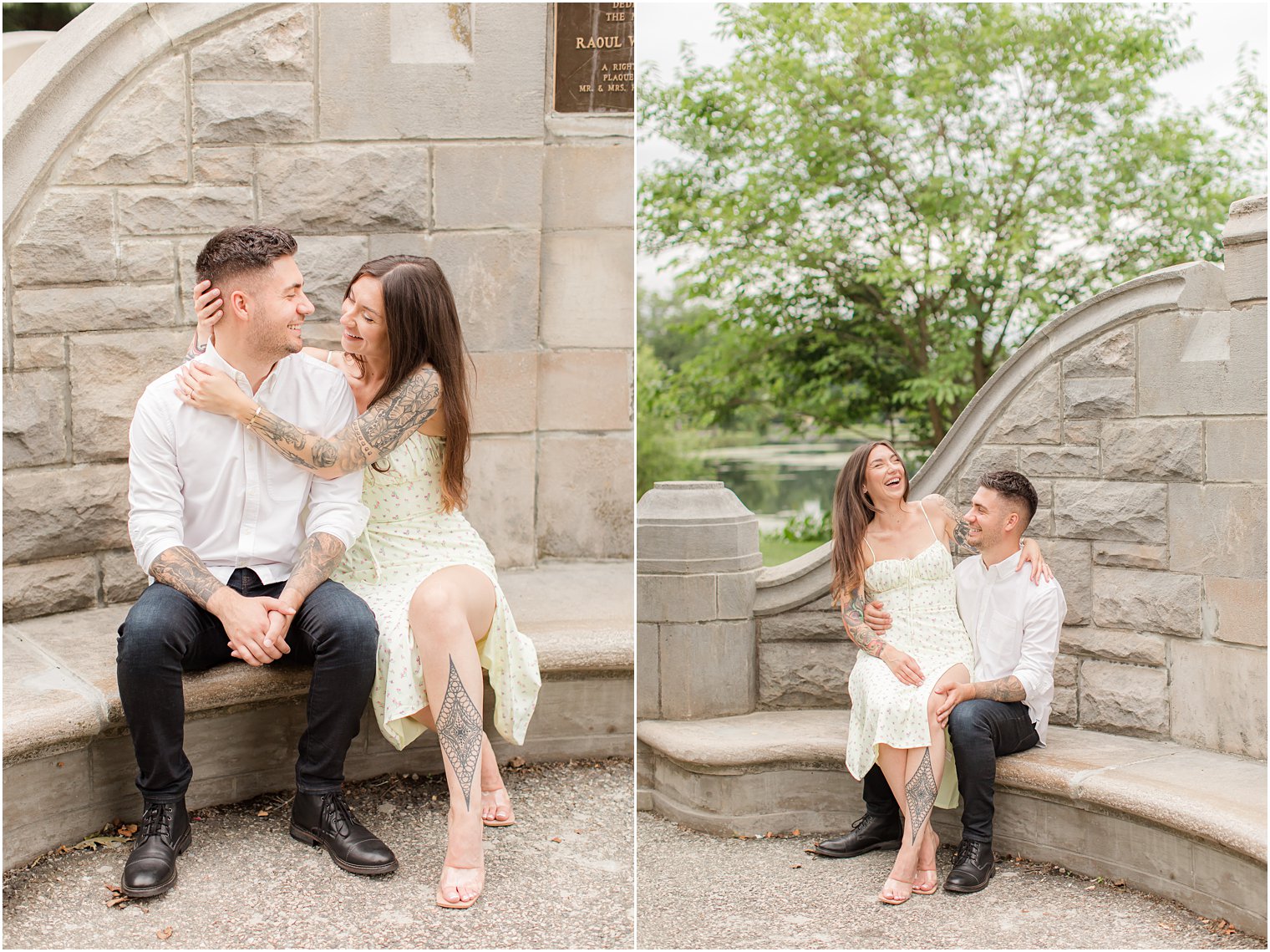 bride laughs sitting with groom during Verona Park engagement session
