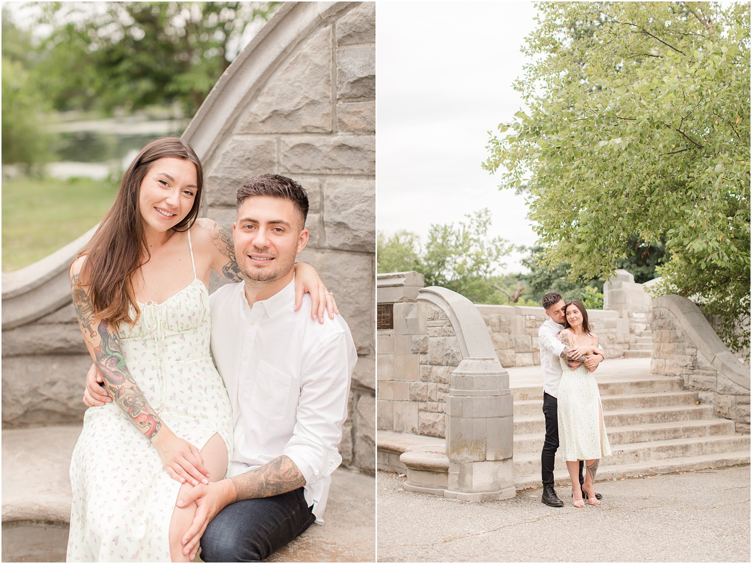 couple cuddles during NJ engagement photos at Verona Park