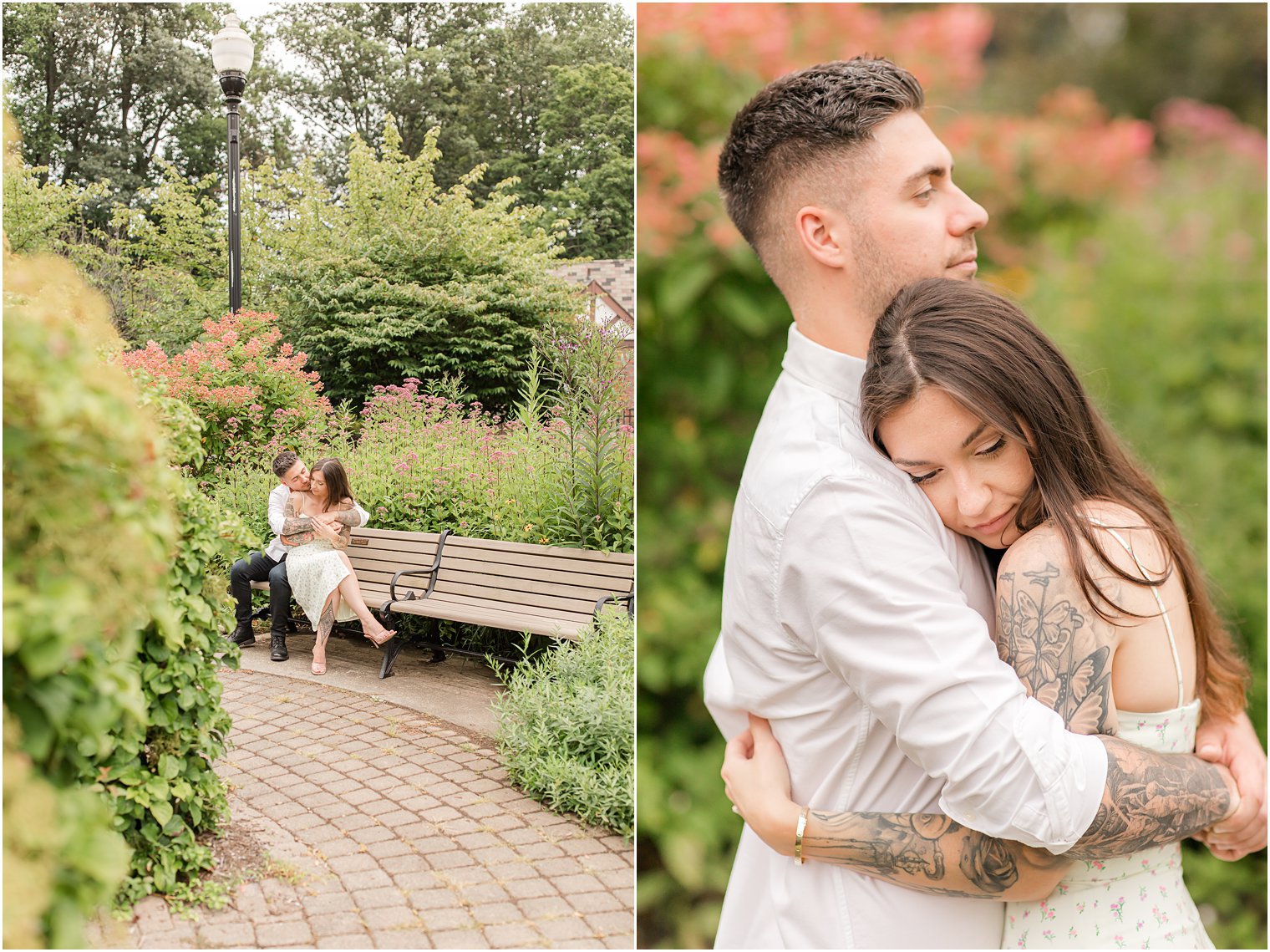 bride and groom hug sitting on bench at Verona Park