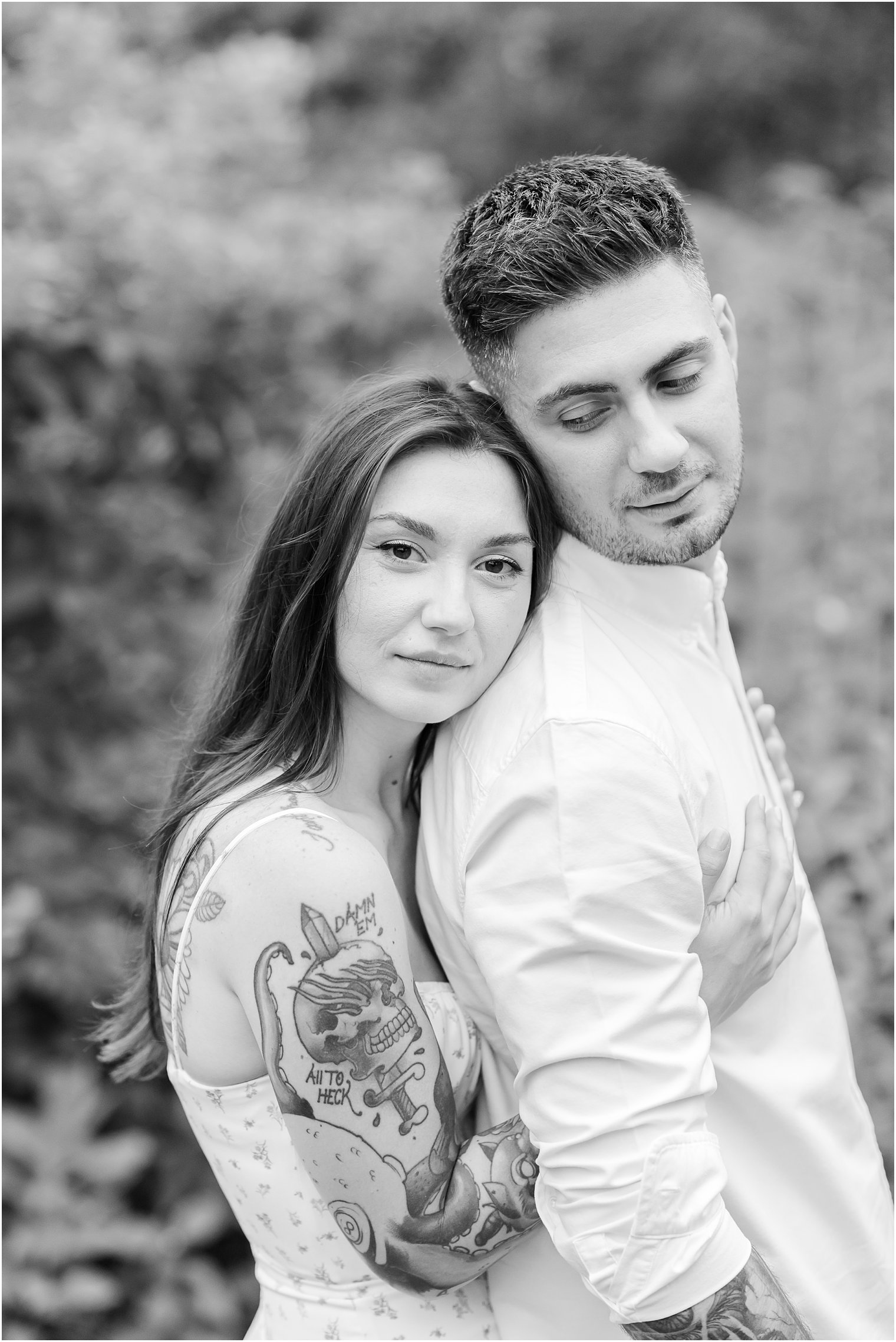 bride leans against groom during Verona NJ engagement photos