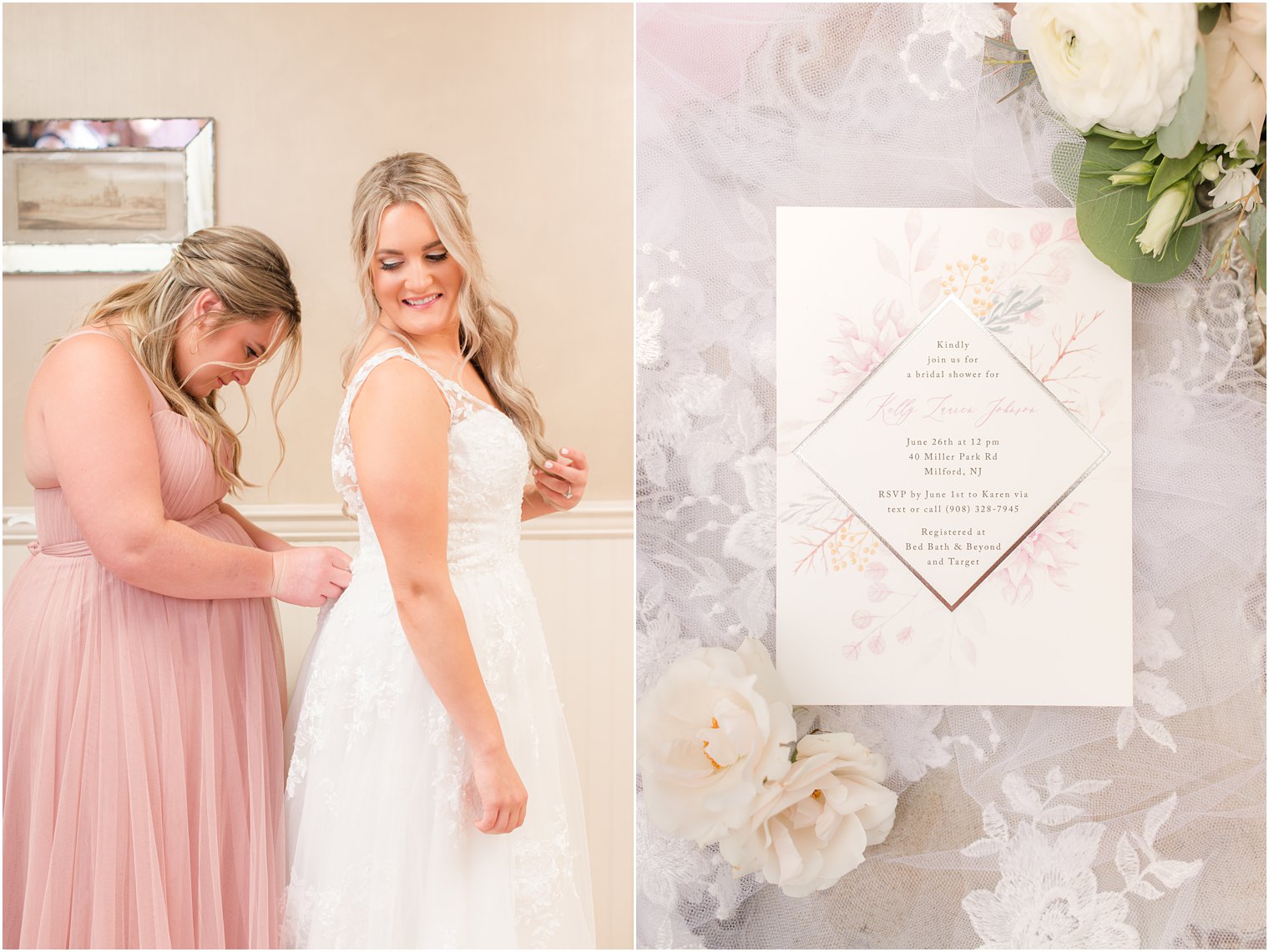 bridesmaid helps bride with dress on wedding day