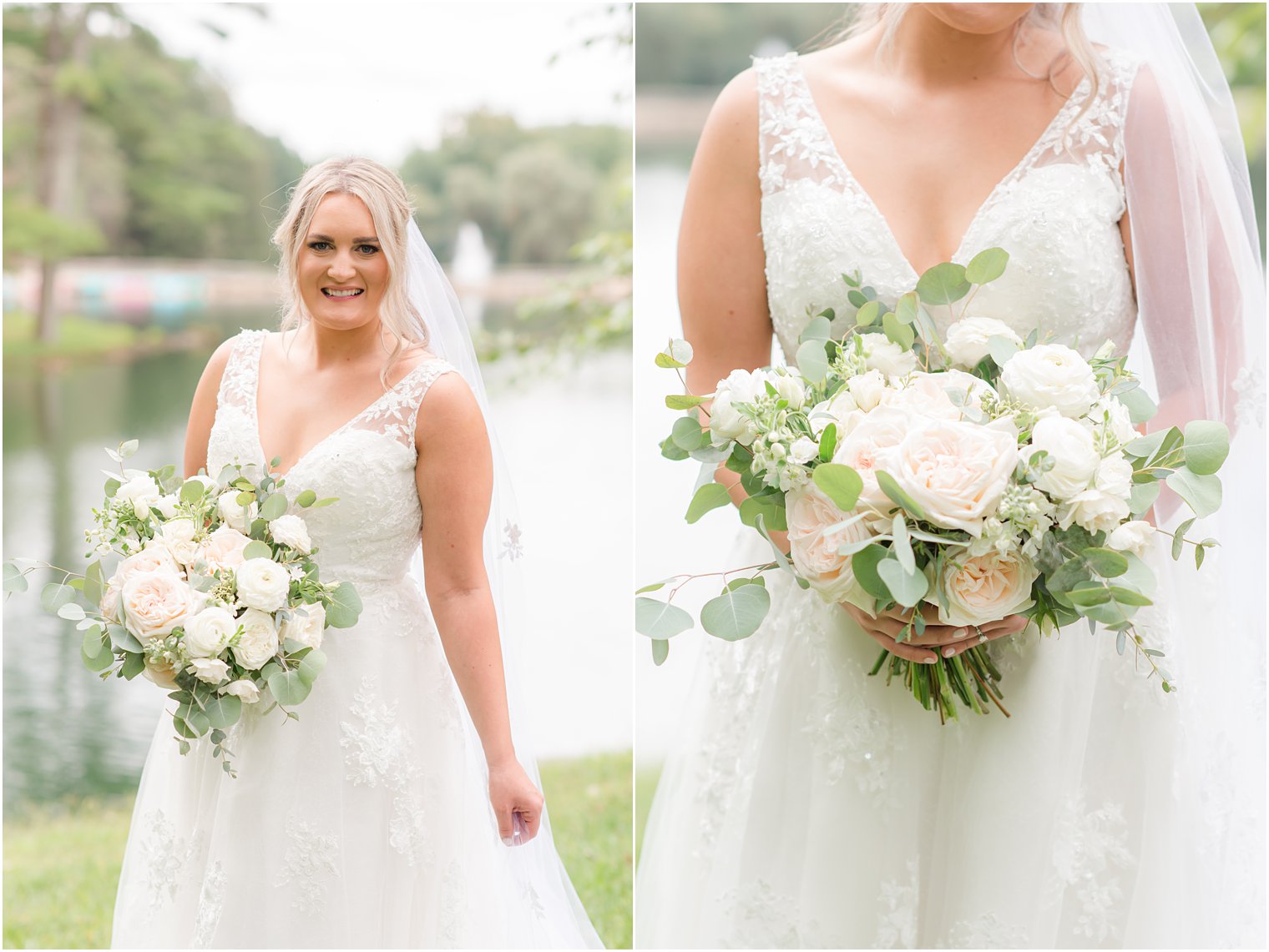 bride holds bouquet of white flowers