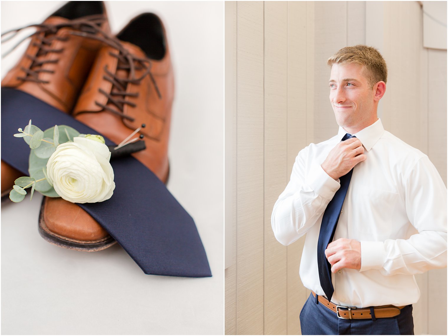 groom adjusts tie for Windows on the Water at Frogbridge wedding day