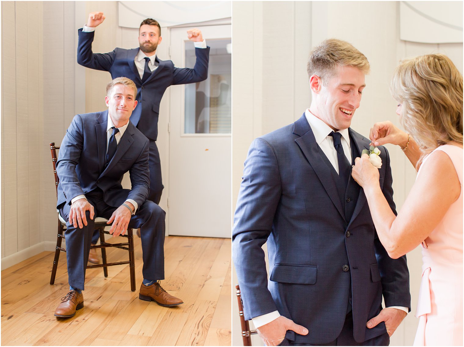 brother helps groom prepare and mom pins on boutonnière