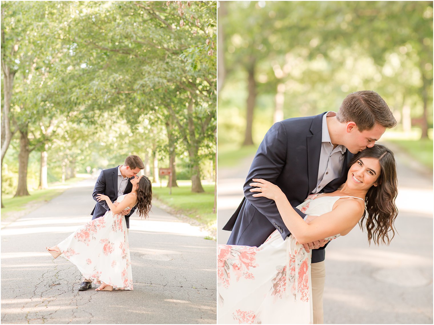 bride and groom kiss on path during Skylands Manor engagement session