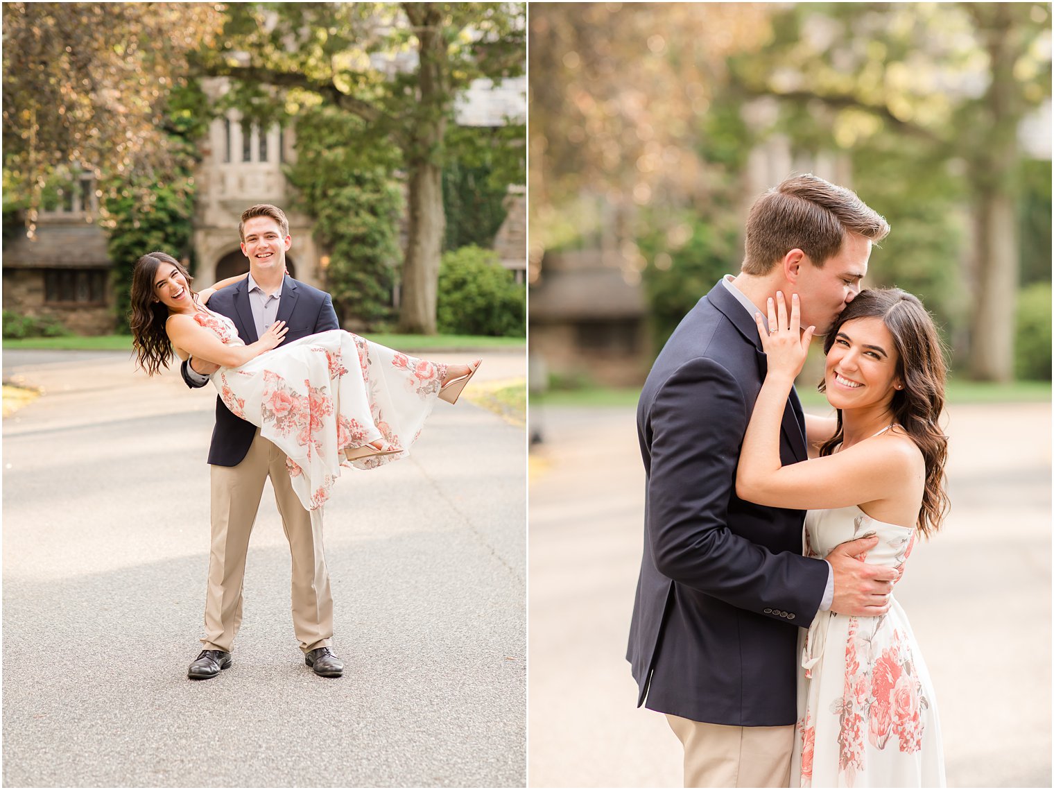 groom lifts bride up kissing her forehead during Skylands Manor engagement session