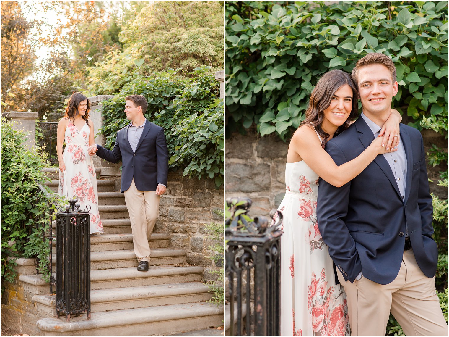 summertime Skylands Manor engagement session with bride in floral print dress and groom in navy jacket