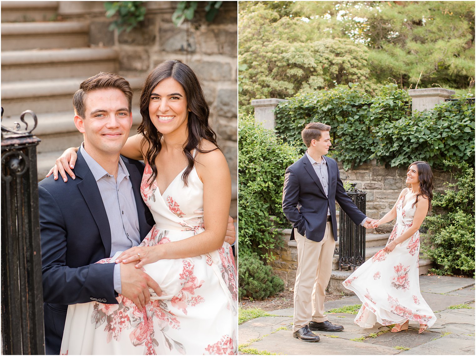 bride twirls dress with floral print during Skylands Manor engagement session