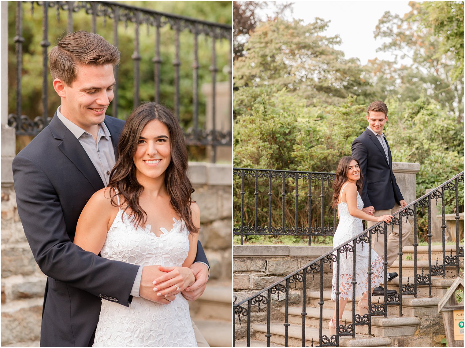 engaged couple walks up steps during Ringwood NJ engagement photos in gardens 