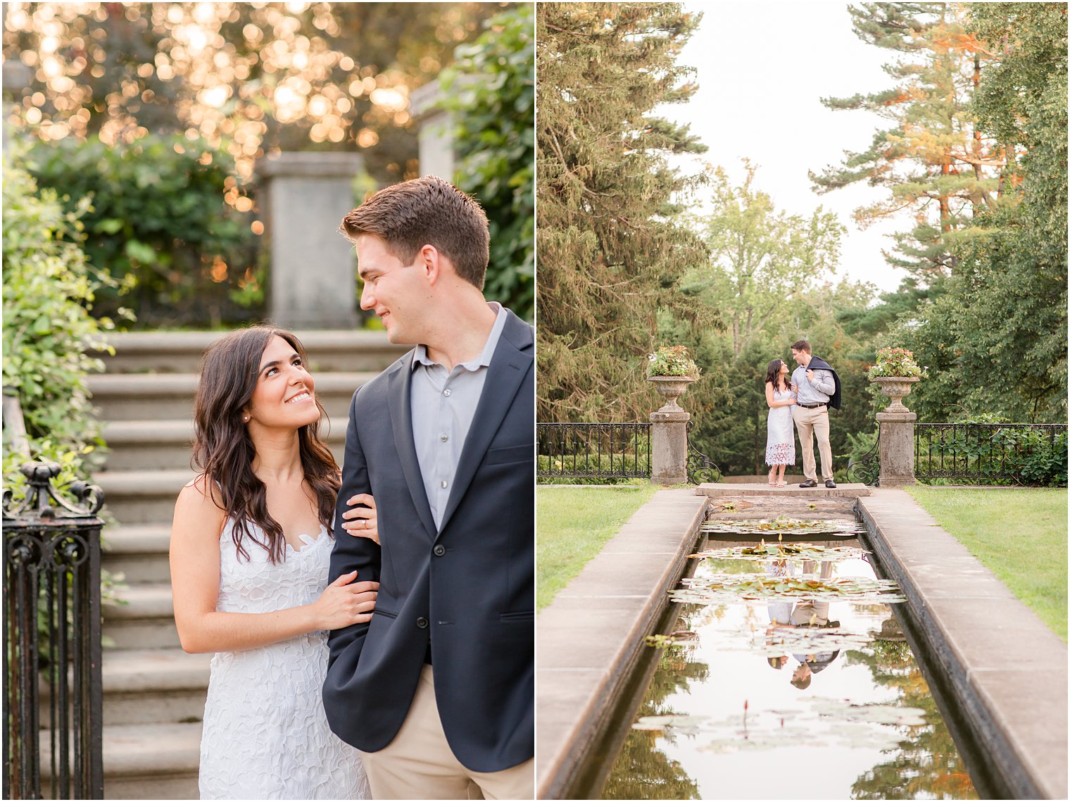 engaged couple poses at end of pond in Ringwood NJ gardens 