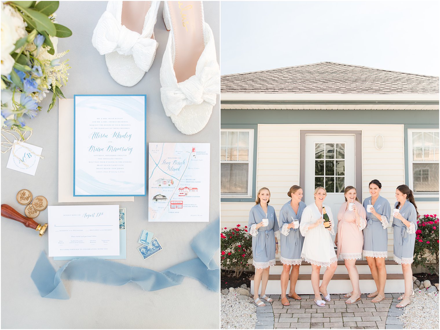 bride holds champagne bottle with bridesmaids in Long Beach Island