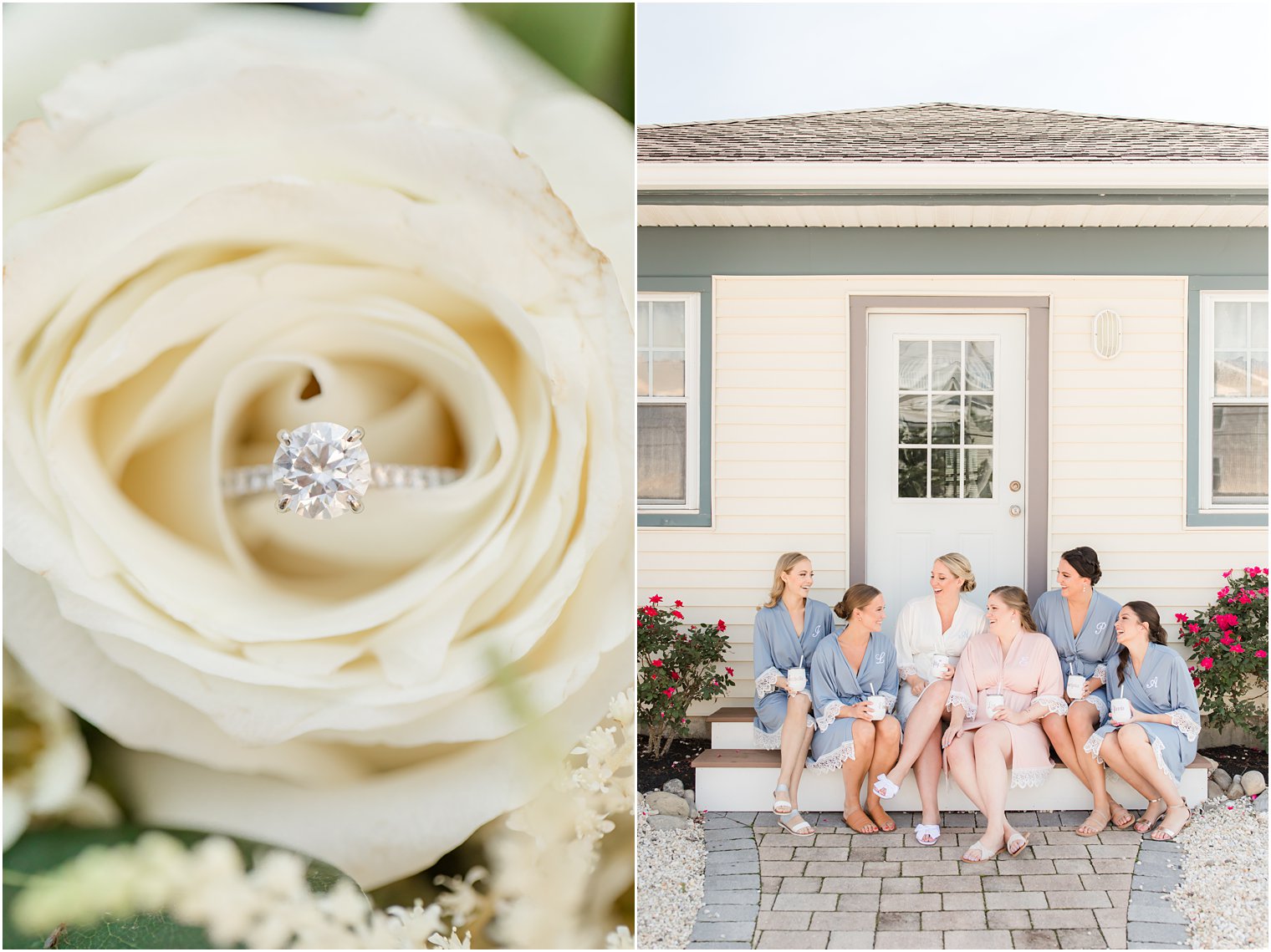 bridesmaids laugh with bride on steps of beach house on LBI