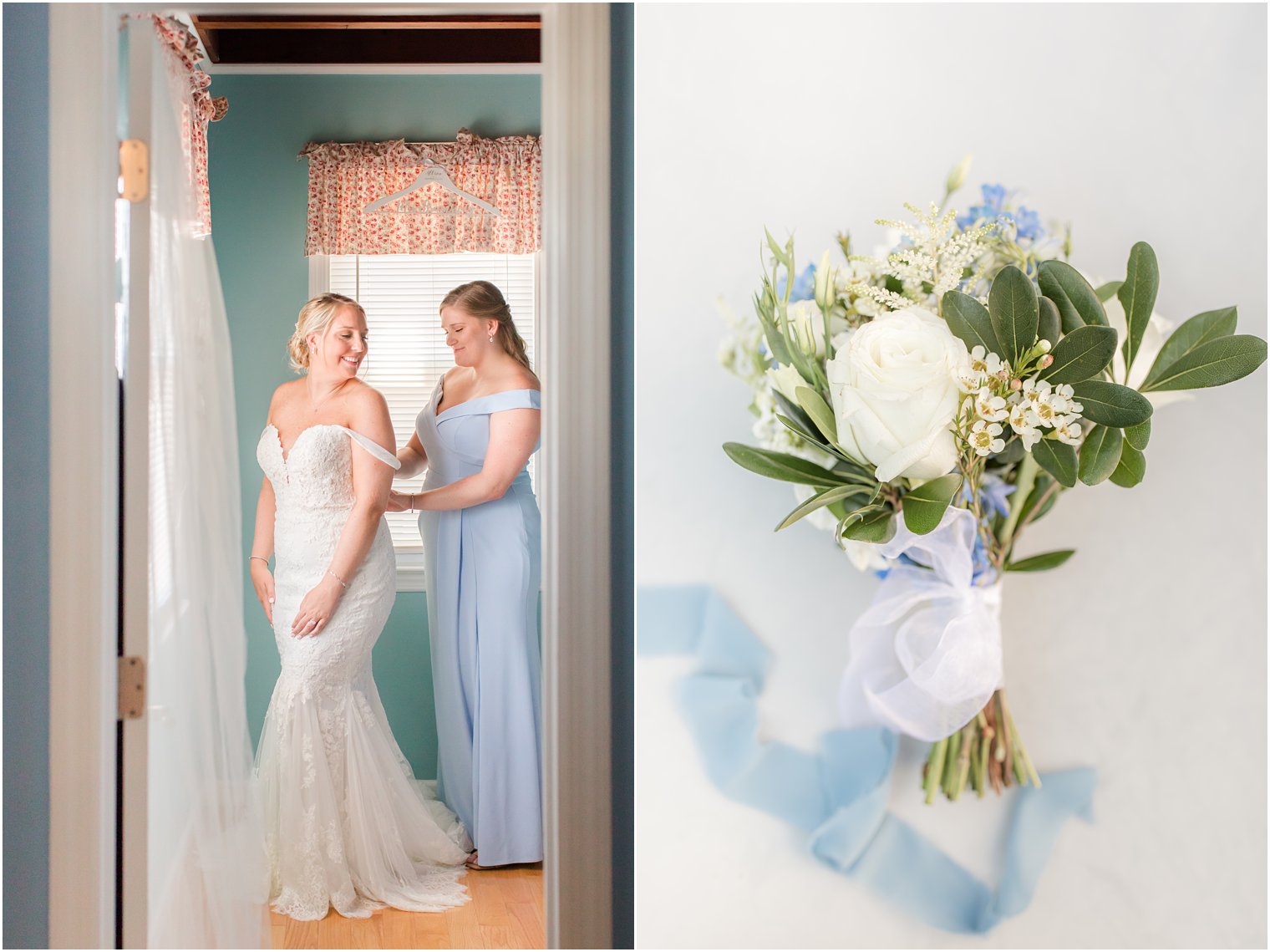 bridesmaid helps bride with wedding gown