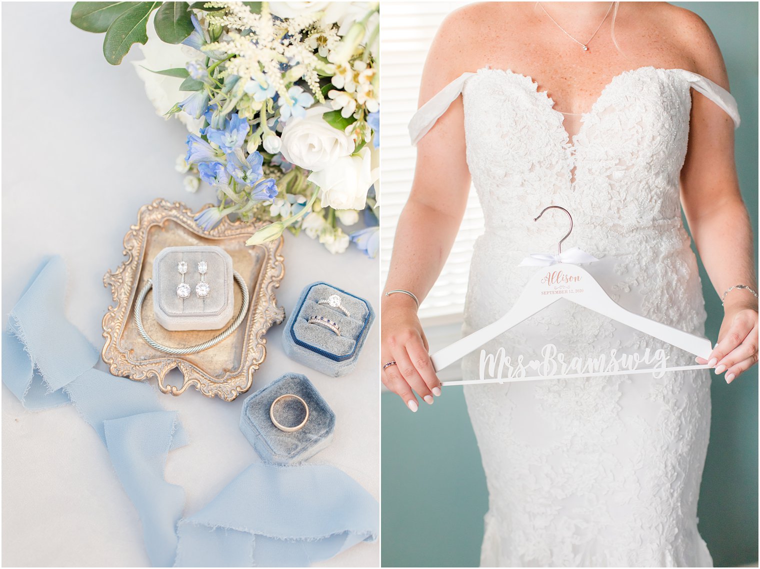 bride holds custom hanger on wedding day